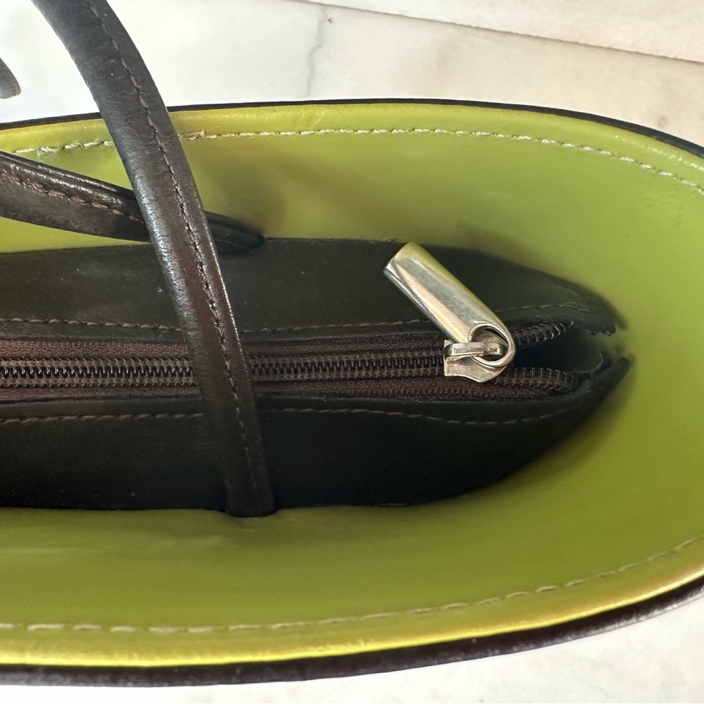 Tiffany & Fred Paris Dark Brown Leather Tote Bag Green Interior - Picture 4 of 12